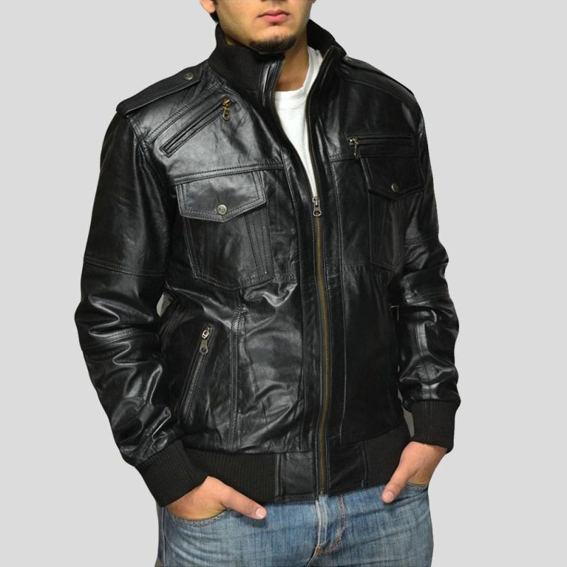 black bomber leather jacket sang mens 1