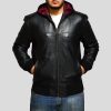 Shane Black Bomber Leather Jacket Hooded - Shearling leather