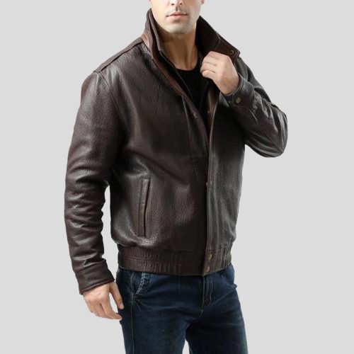 brown bomber leather jacket chek mens 2