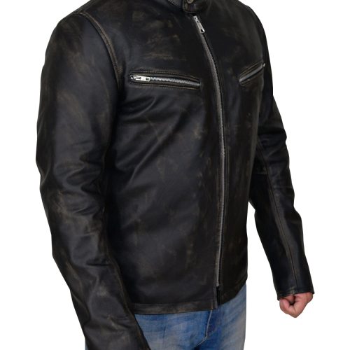 distressed black men leather jacket