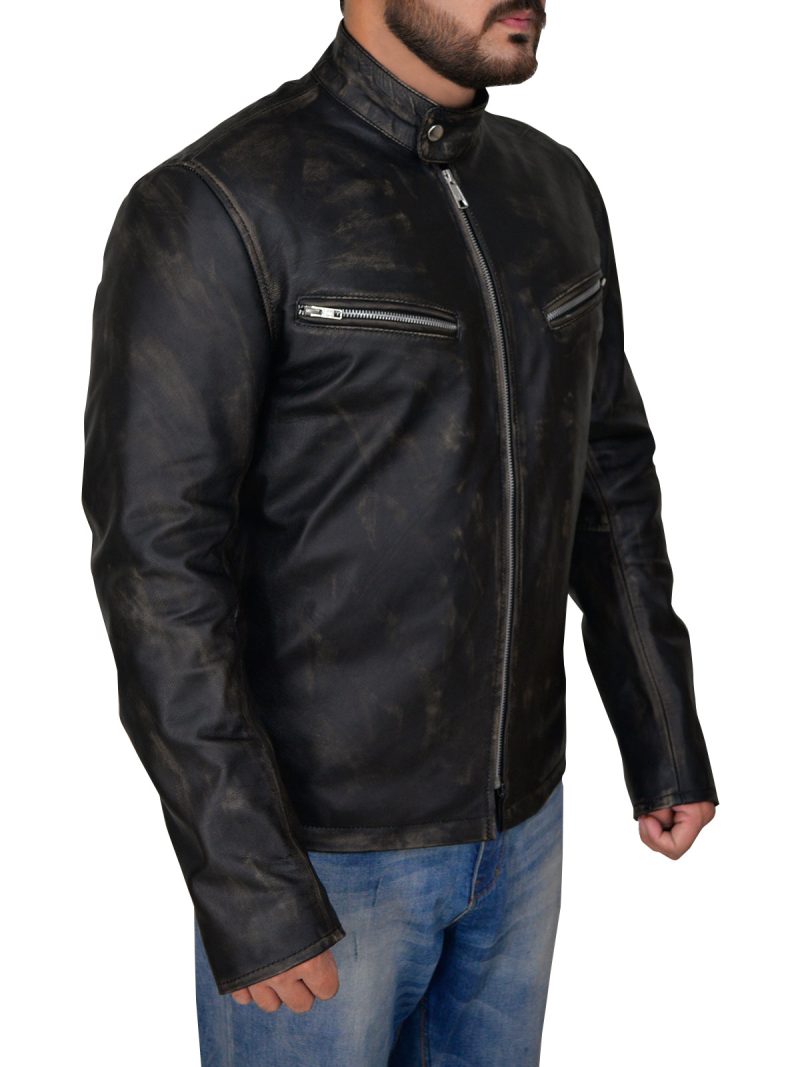 distressed black men leather jacket