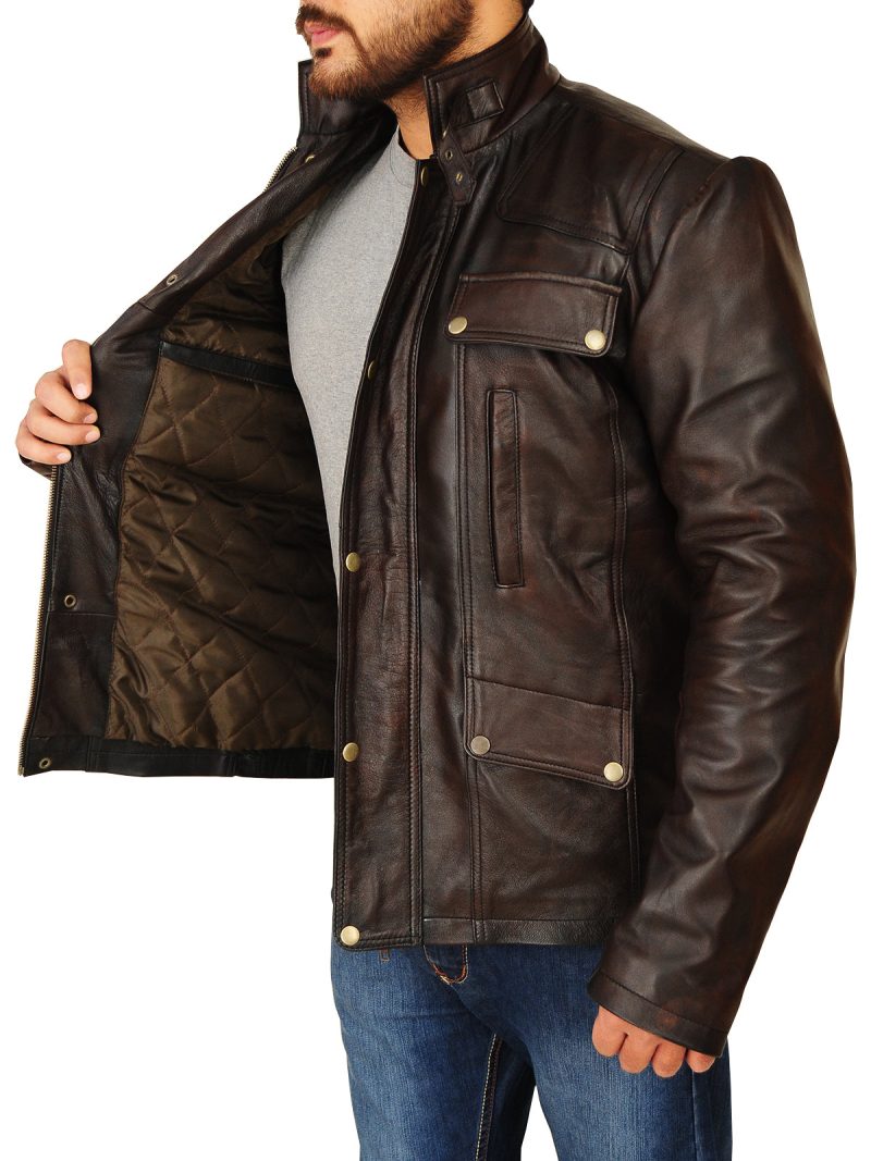 fashionable men brown leather jacket