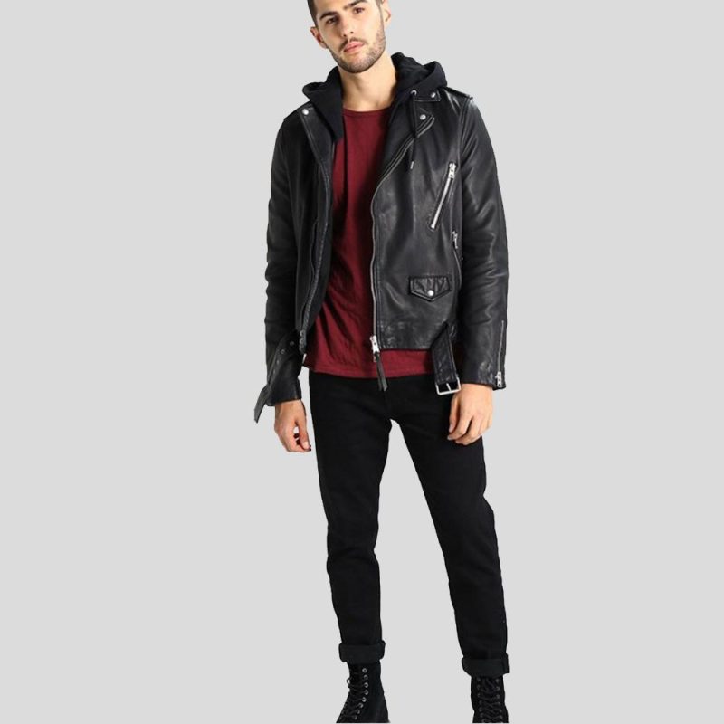 hooded leather jacket lupe black 1