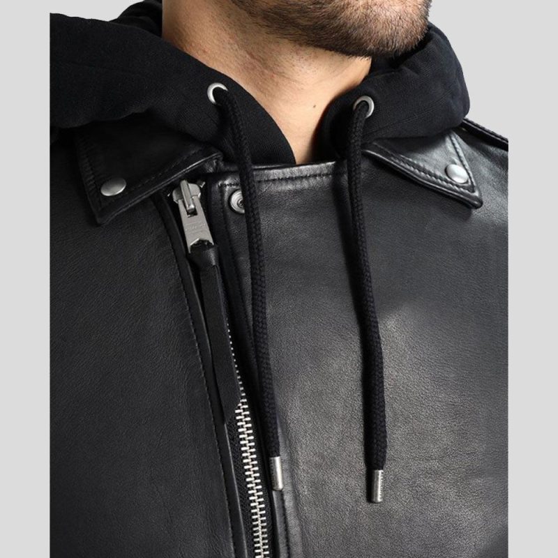 hooded leather jacket lupe black 4