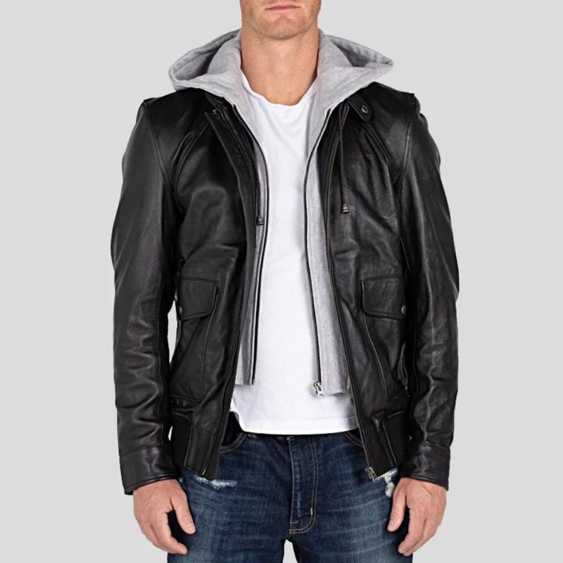 hooded leather jacket marc black 1