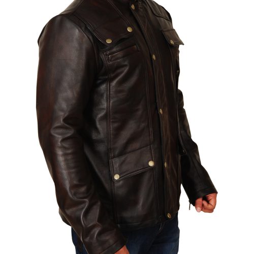 men dark brown leather jacket