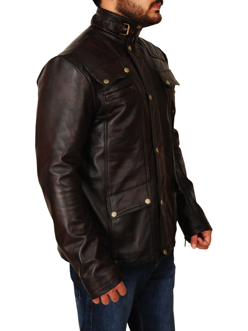 men dark brown leather jacket