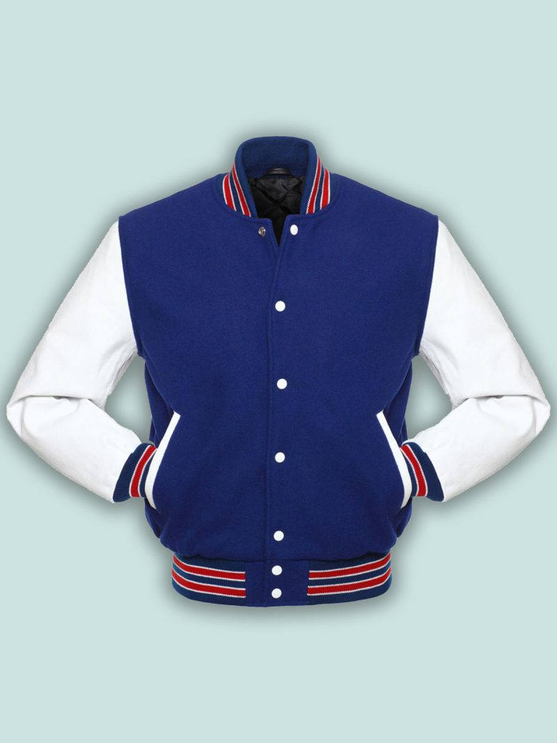 men royal blue varsity jacket