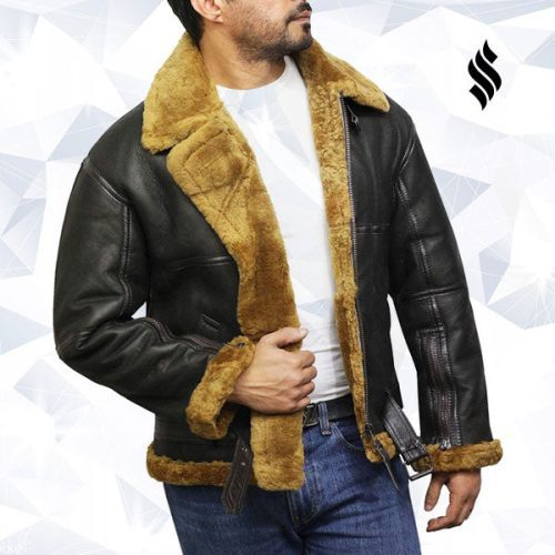 men s aviator real shearling sheepskin leather bomber flying jacket 3