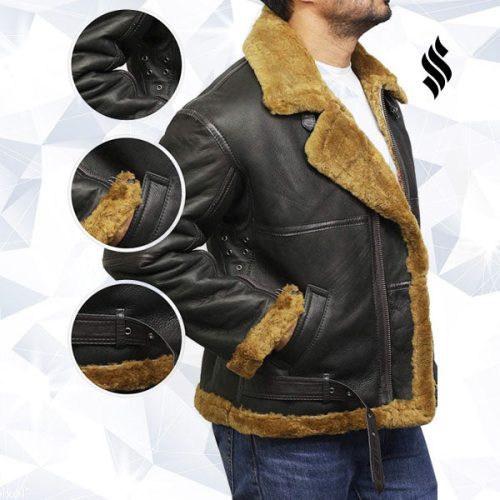 men s aviator real shearling sheepskin leather bomber flying jacket 4