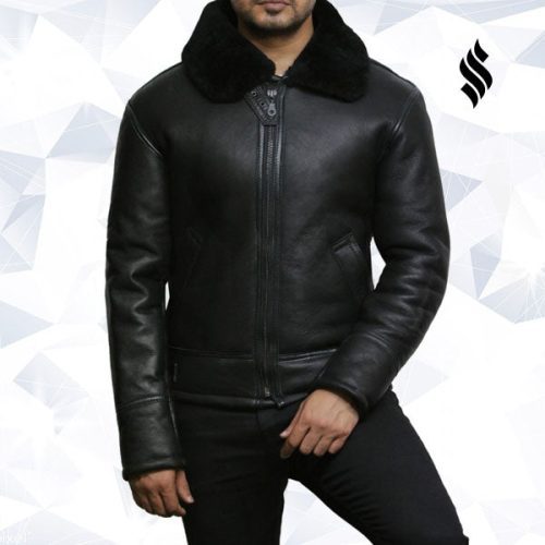 men s black aviator b3 real shearling sheepskin leather bomber flying pilot jacket 3