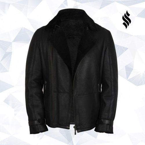 men s luxury aviator black leather shearling sheepskin flying coat 3