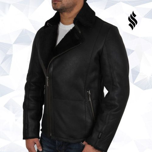 men s luxury aviator black leather shearling sheepskin flying coat 4