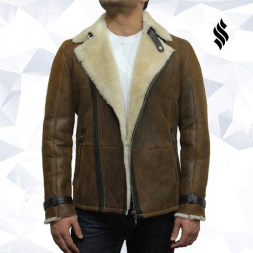 men s luxury shearling sheepskin aviator rust brown leather flying jacket coat 3