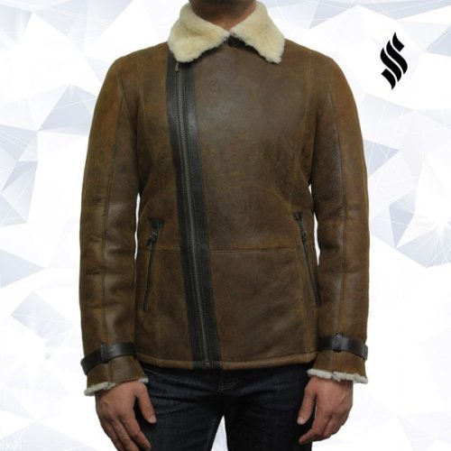 men s luxury shearling sheepskin aviator rust brown leather flying jacket coat 5