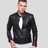 Ferd Black Slim Fit Leather Racer Jacket - Shearling leather