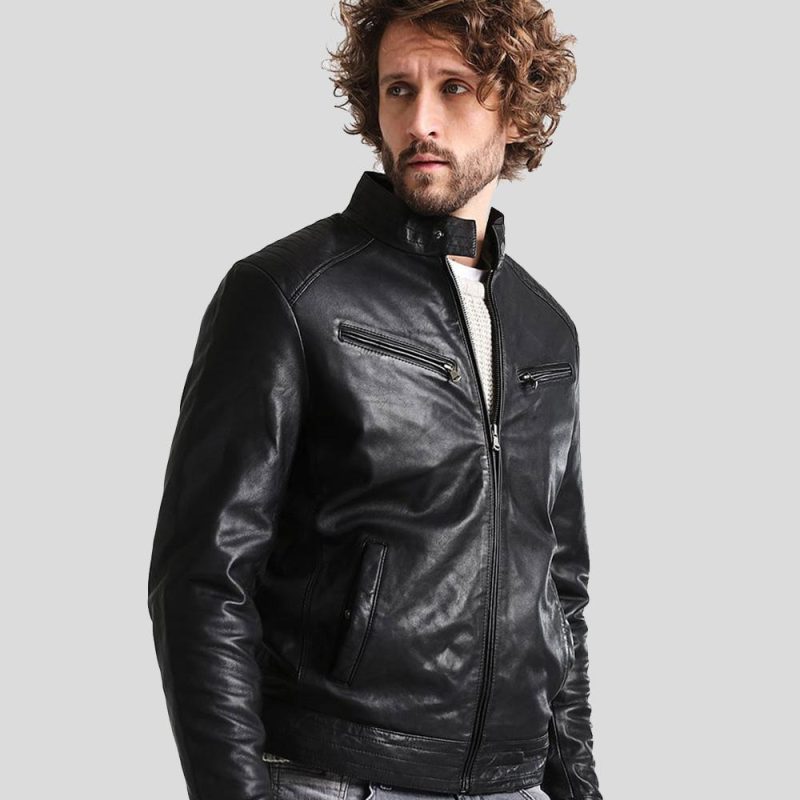 mens black leather racer jacket frank 1