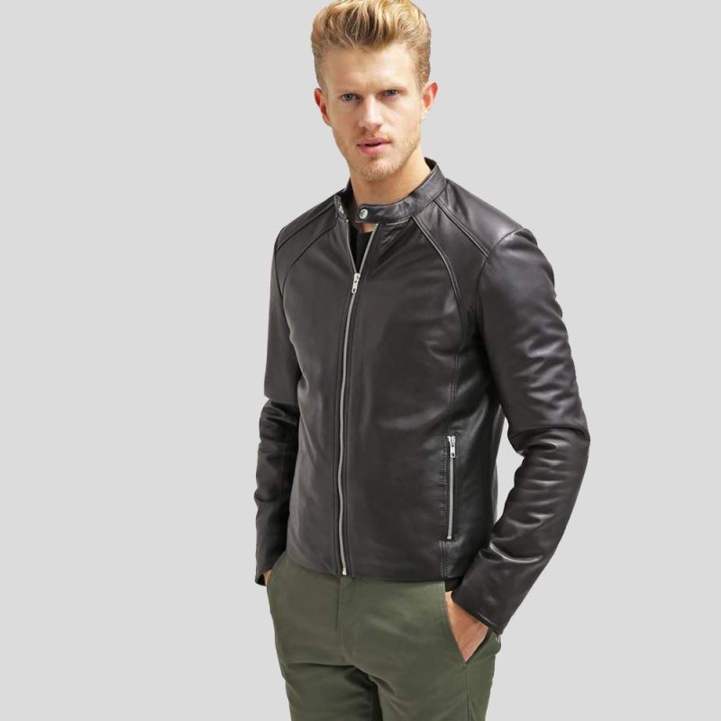 mens black leather racer jacket hung 2