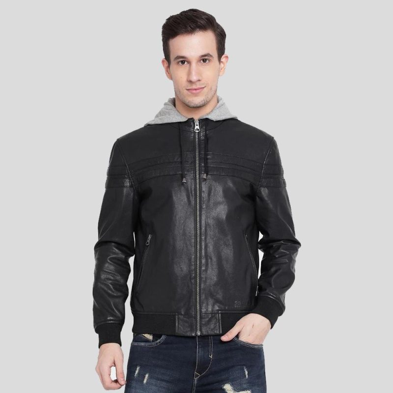 mens brice black hooded leather jacket 1