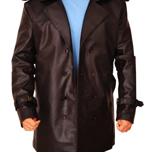 mens brown leather peacoat