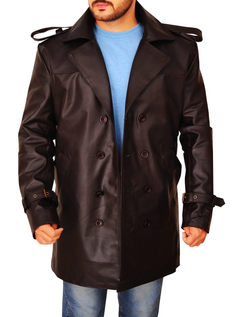 mens brown leather peacoat