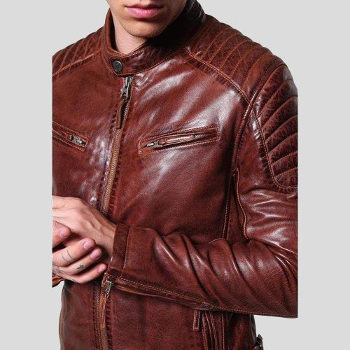 mens brown leather racer jacket fred 4