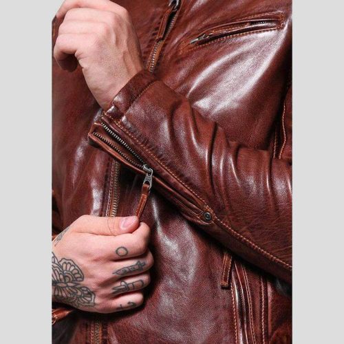 mens brown leather racer jacket fred 5