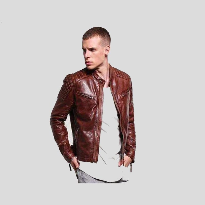 mens brown leather racer jacket fred 6