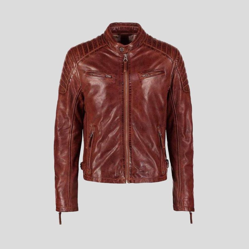 mens brown leather racer jacket fred 7