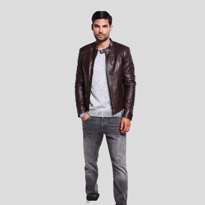 mens brown leather racer jacket joey 5