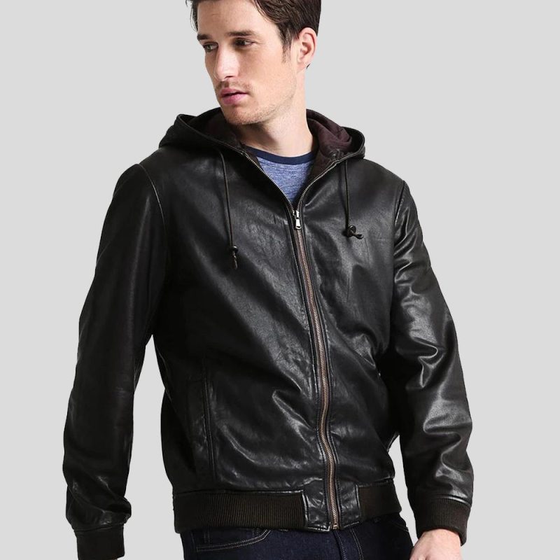 mens chet black hooded leather jacket 2