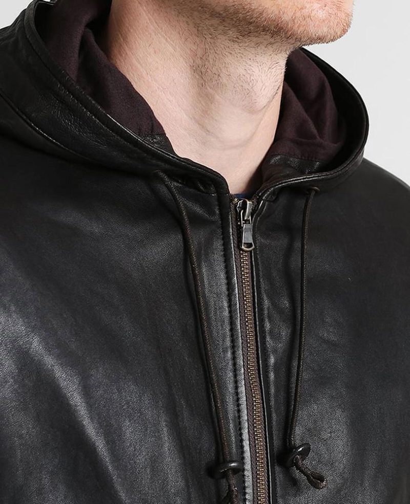 mens chet black hooded leather jacket 4