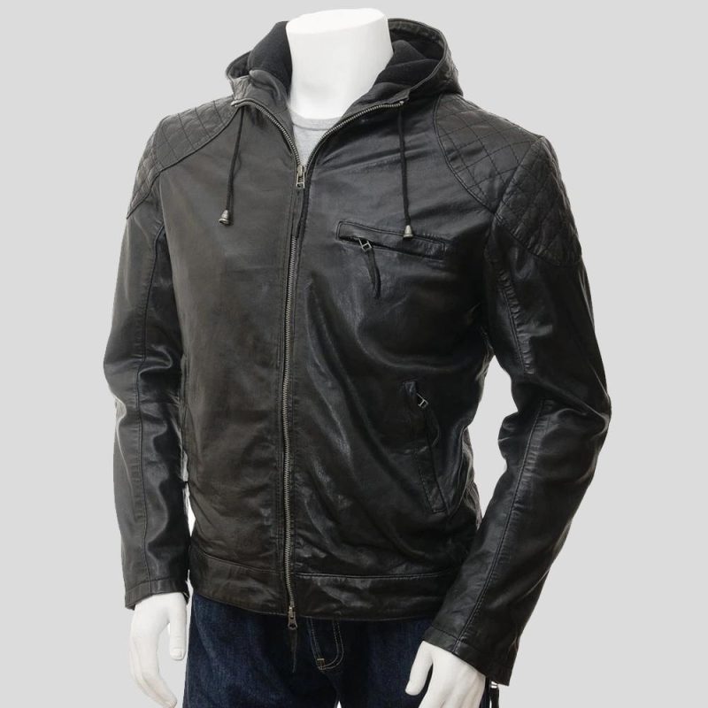 mens franc black hooded leather jacket 1