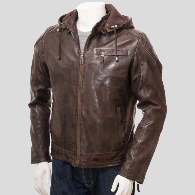 mens george brown hooded leather jacket 1