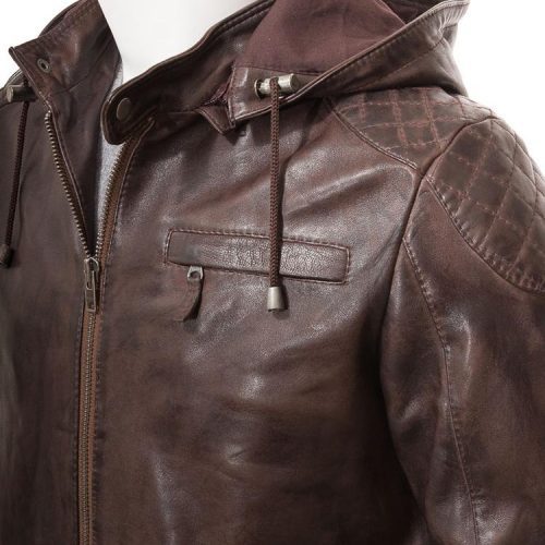 mens george brown hooded leather jacket 3