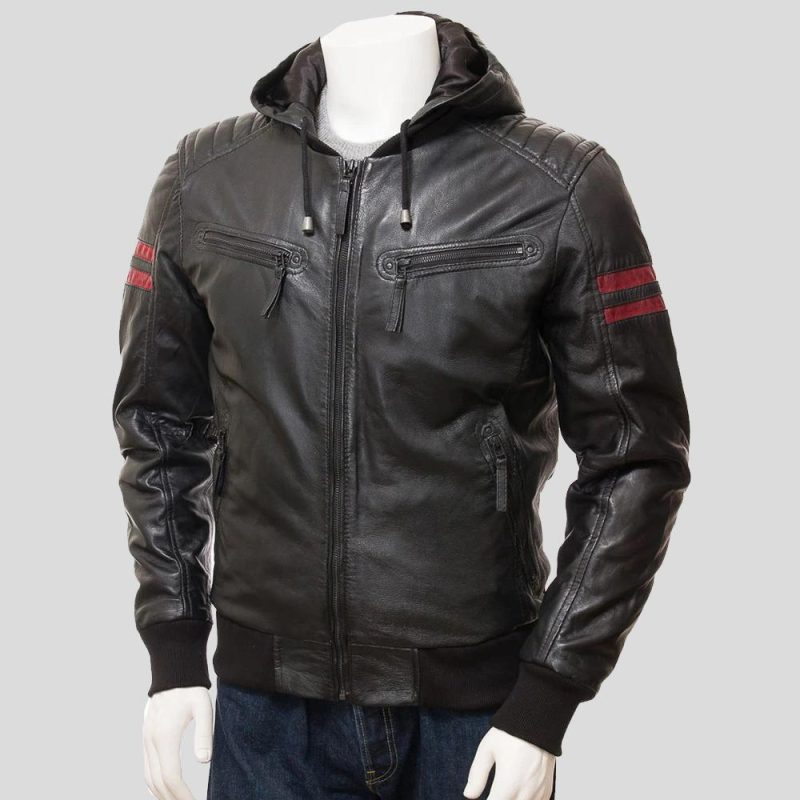 mens jed black hooded leather jacket 1