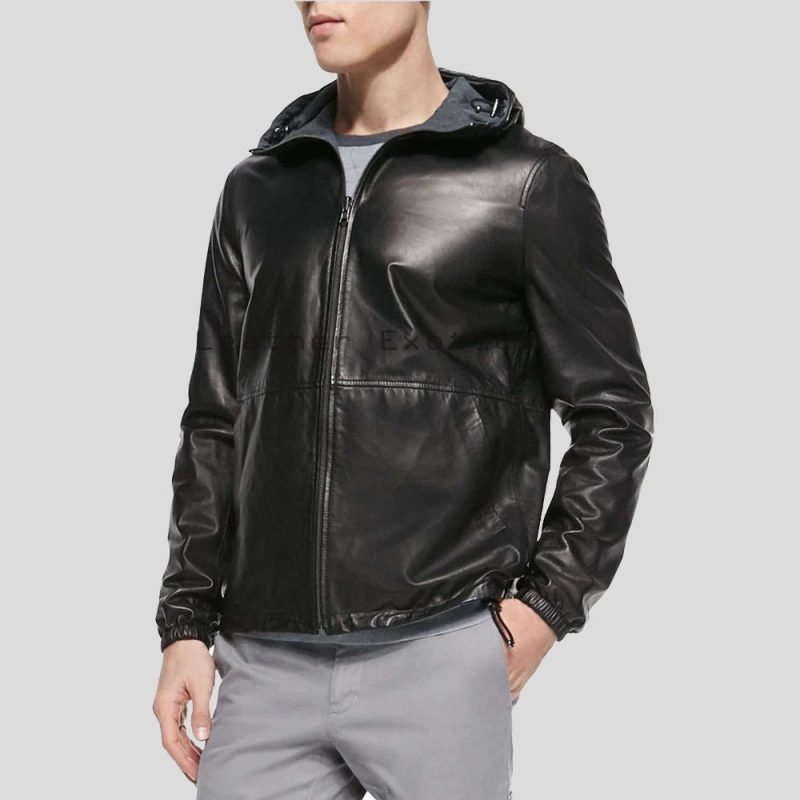 mens racio black hooded leather jacket 1