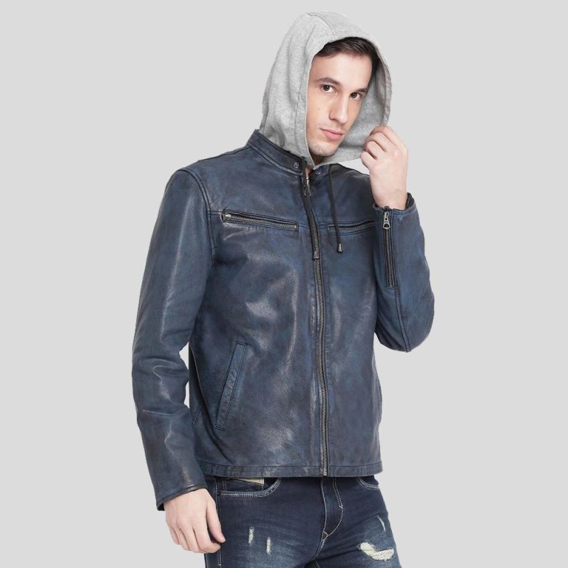 mens rald blue hooded leather jacket 1