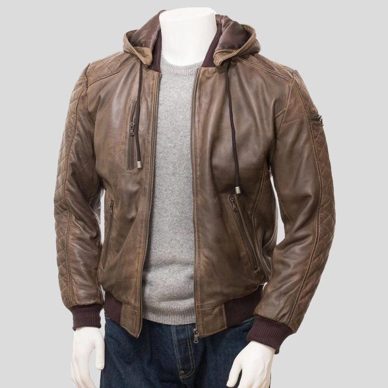 mens rick brown hooded leather jacket 2