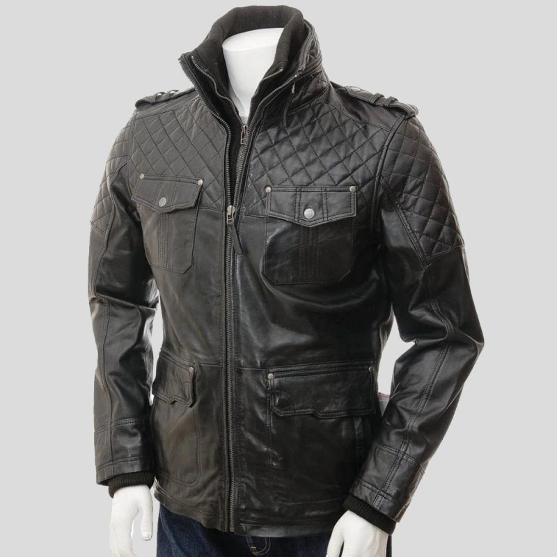 mens ronn black quilted leather jacket 1 final