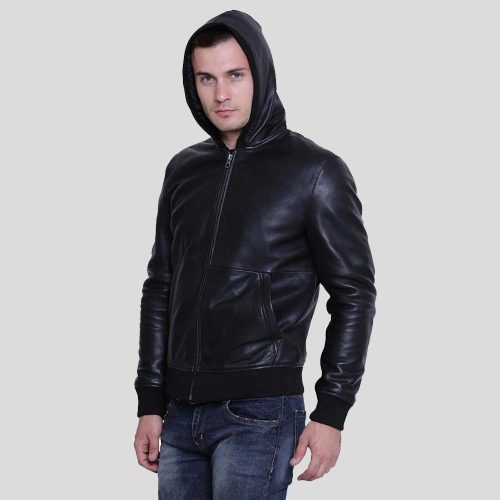 mens theo black hooded leather jacket 2 904209a2 5782 40b6 888a 99d4fce0b23e