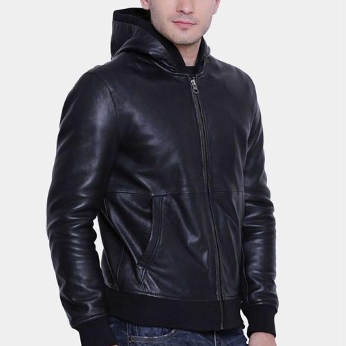 mens theo black hooded leather jacket 3