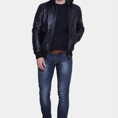 mens theo black hooded leather jacket 4