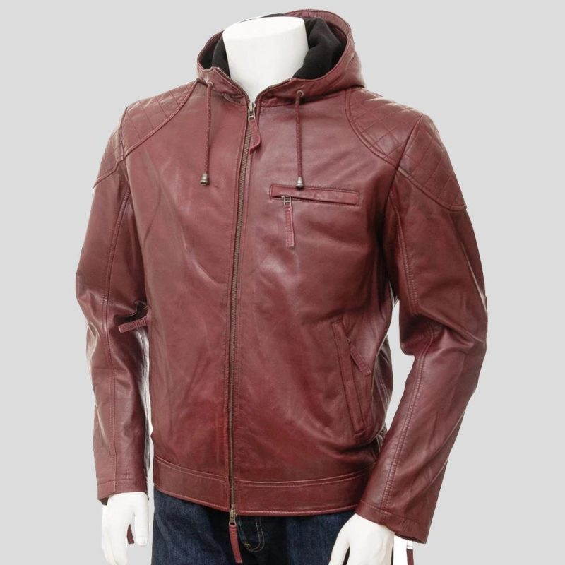 mens tore red hooded leather jacket 1