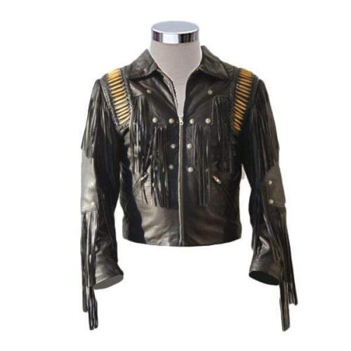 Men's Bluish Black Leather Western Cowboy Leather Jacket Fringe Bones - Shearling leather