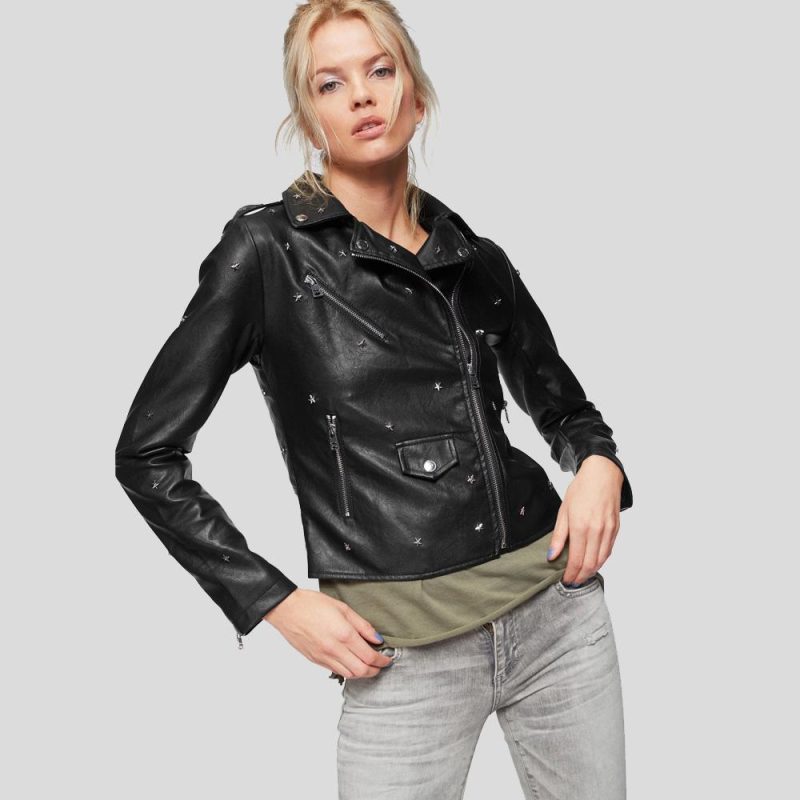 Isla Black Studded Leather Jacket - Shearling leather