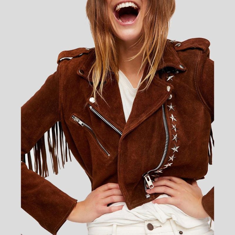 studded leather jacket nora fringes brown 2