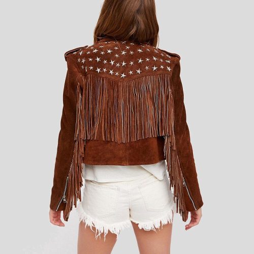 Nora Brown Studded Suede Leather Jacket Fringes - Shearling leather