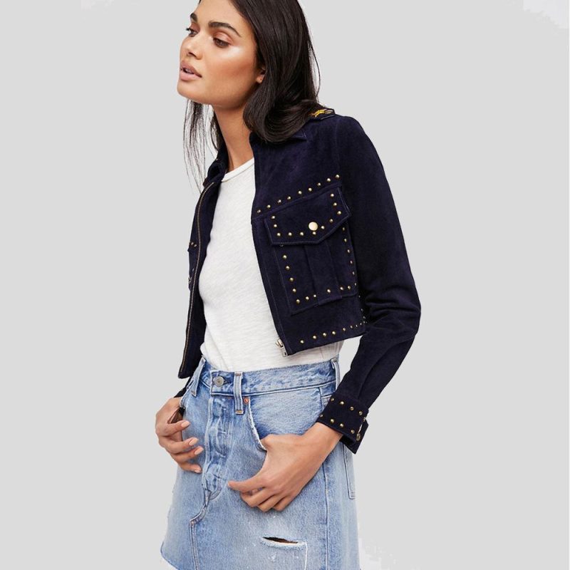 Eliza Blue Studded Suede Leather Jacket - Shearling leather