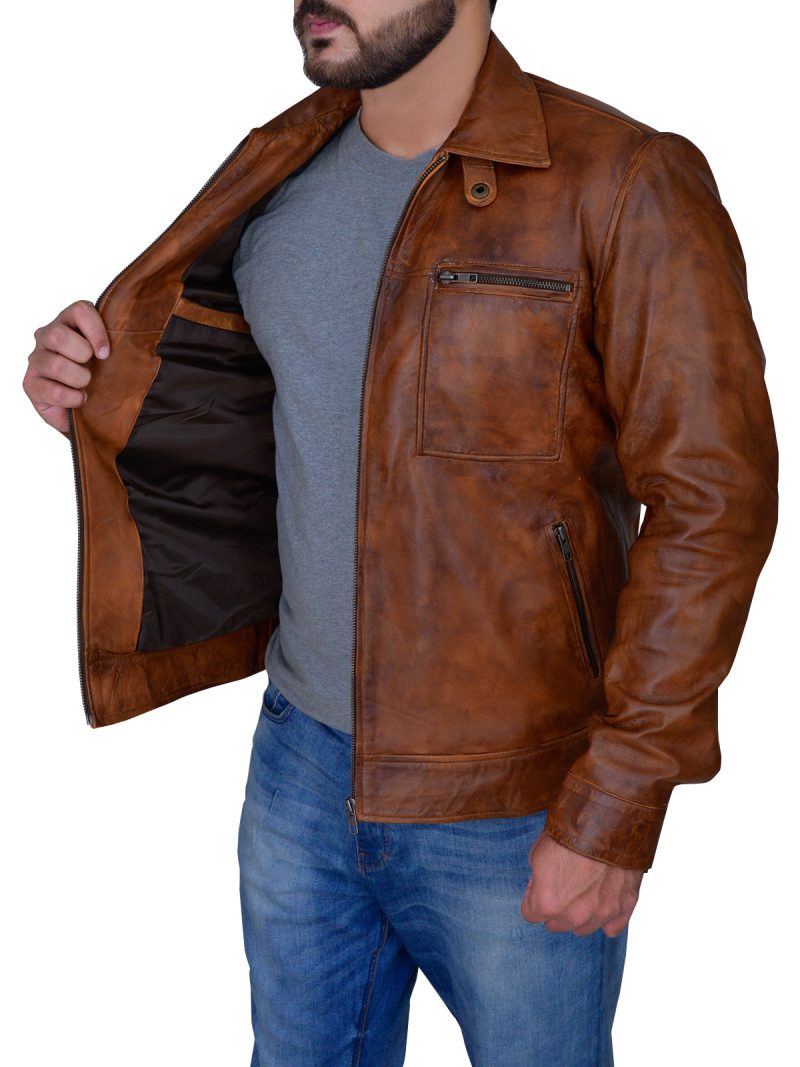 stylish distressed brown leather jacket